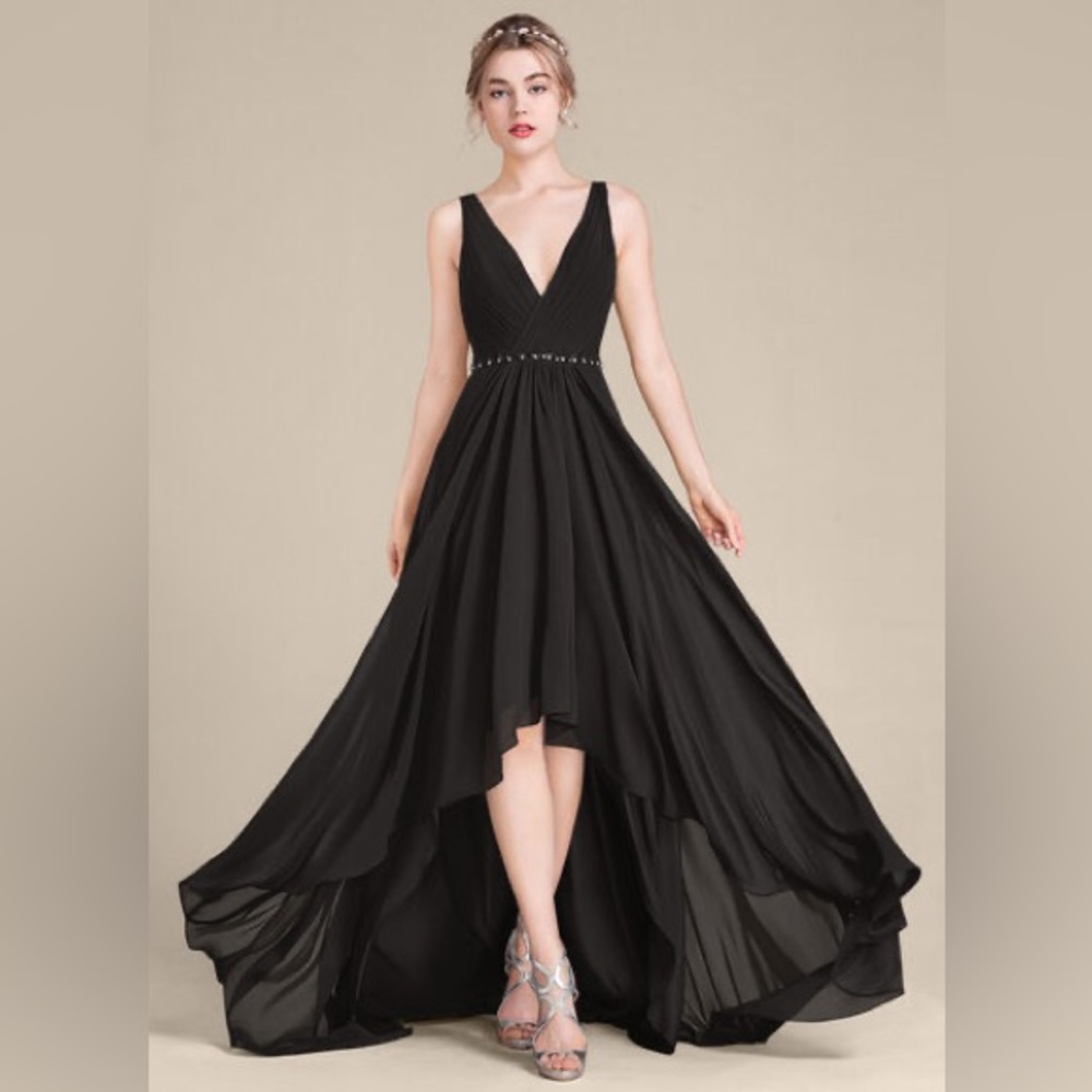 JJs House Wedding Prom Sequins Beaded Pleated Hi-low Black Evening Gown size S